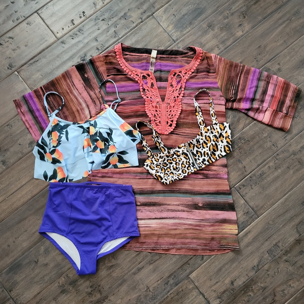 Set of assorted swimwear, DKNY bikini top S, anthro cover up M, Amazon citrus ta
